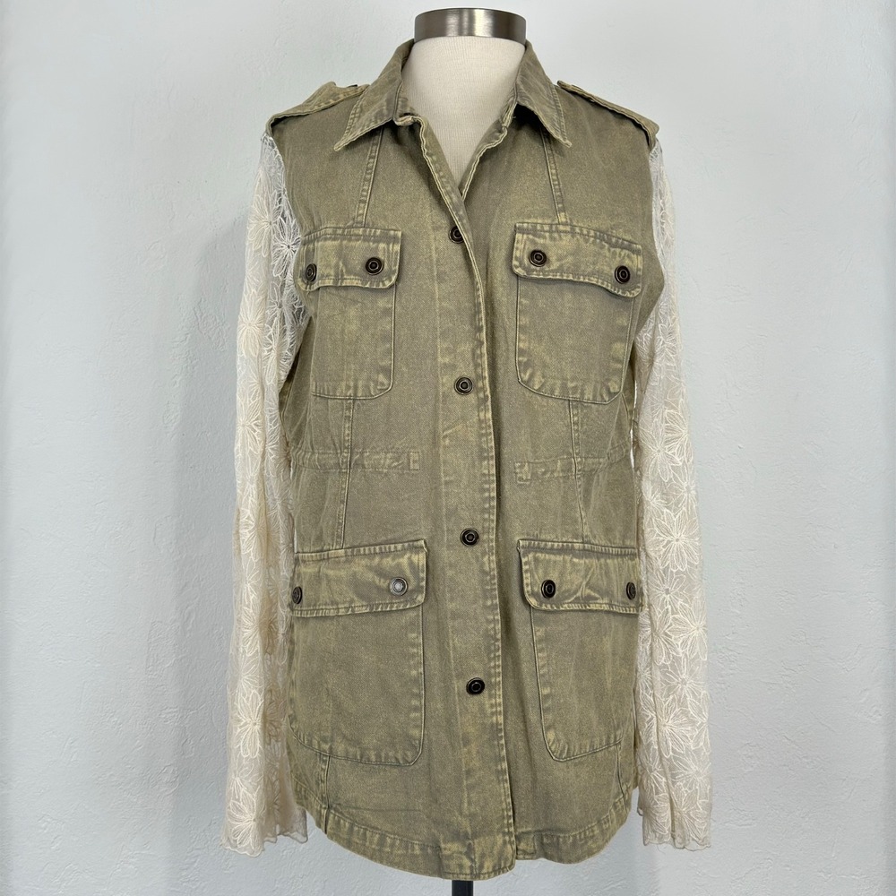 Boho Romantic Utility Field Jacket Size Medium Green Lace Cinch Waist Feminine